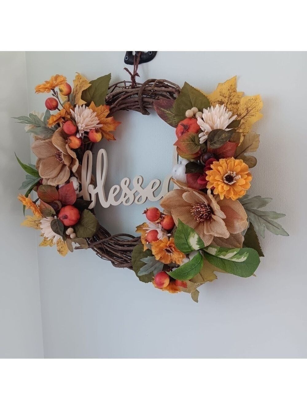 Wreath Flippers Handcrafted 14" "Blessed" Autumn Magnolia and Mum Wreath